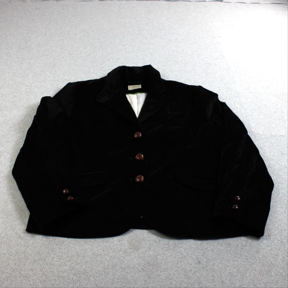 LL Bean Blazer Jacket Women Large Black Velvet Button Lined Heritage Academia